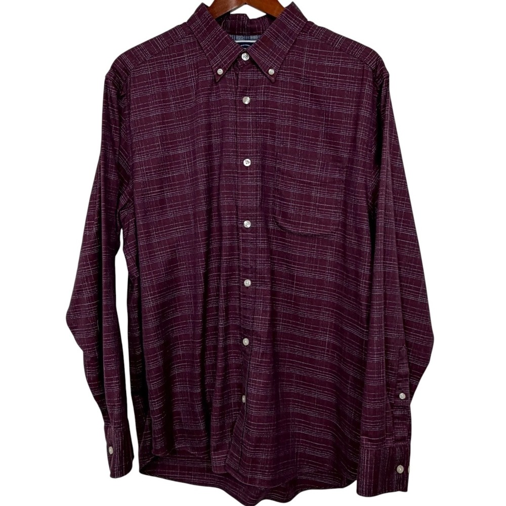 Charles Tyrwhitt Mens Large Classic Fit Non-Iron Burgundy Grid Button Down Shirt